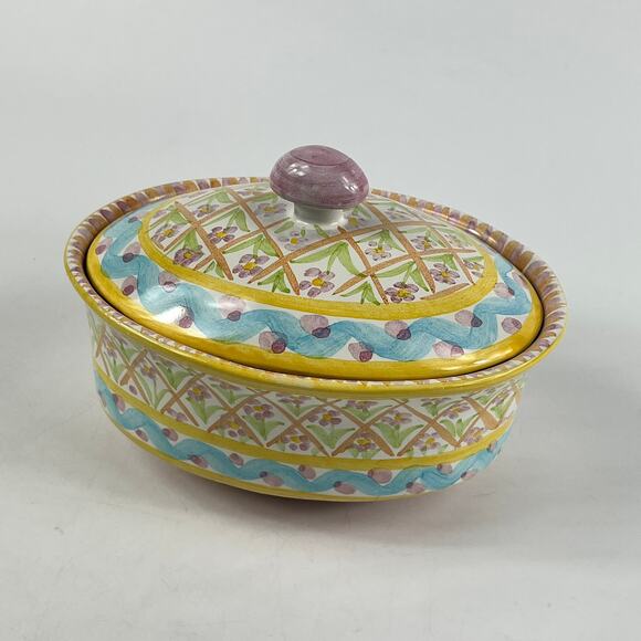 Vintage MacKenzie-Childs Summer Frock Chowder Bowl With Lid 7"x5"x5" Terracotta - Picture 2 of 12
